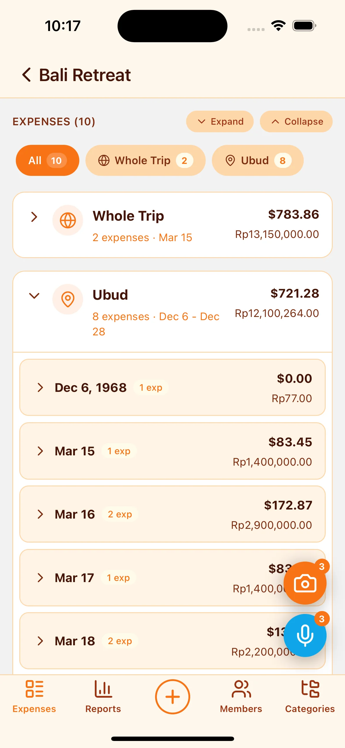 Travel expenses by destination - track spending across multiple cities and locations
