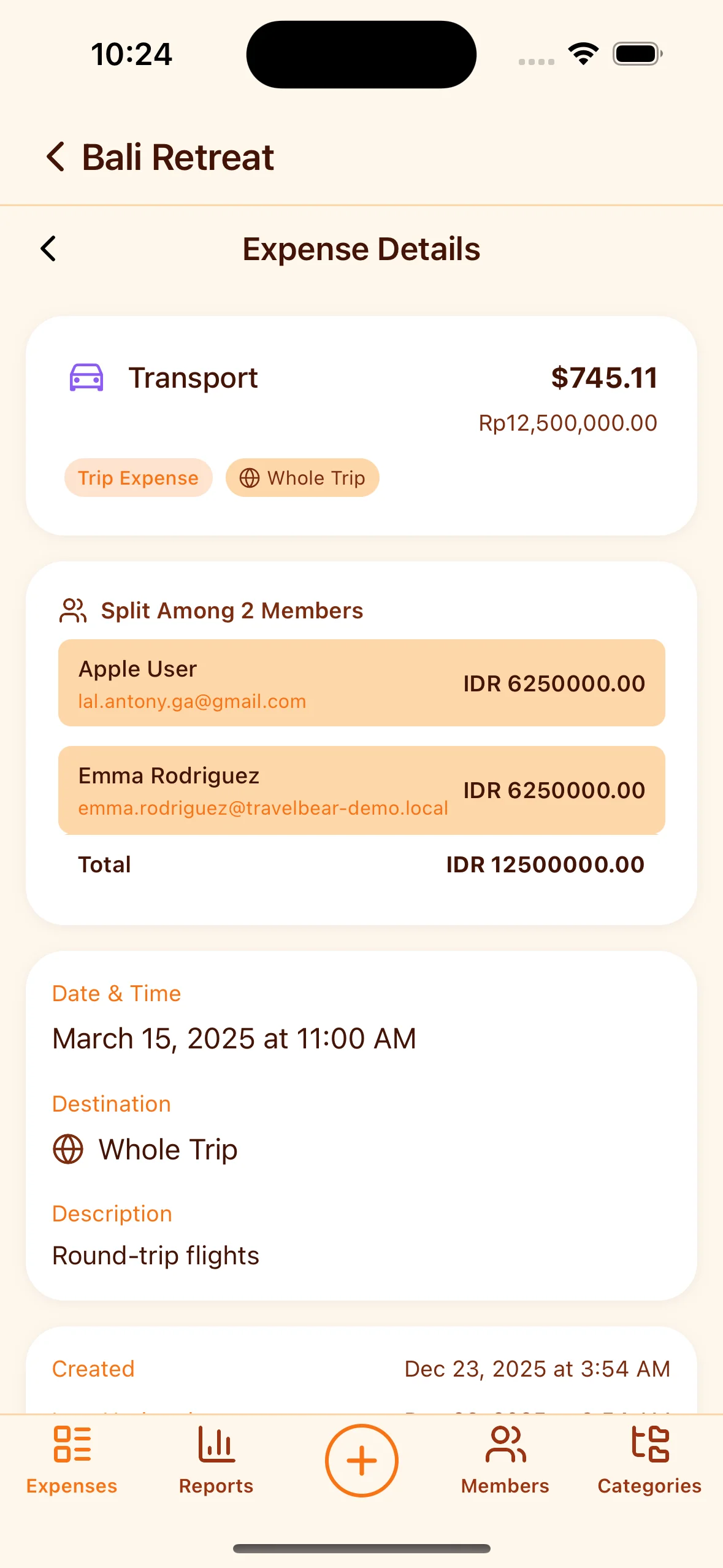 Travel expense splitting - split bills with friends using equal or custom percentages