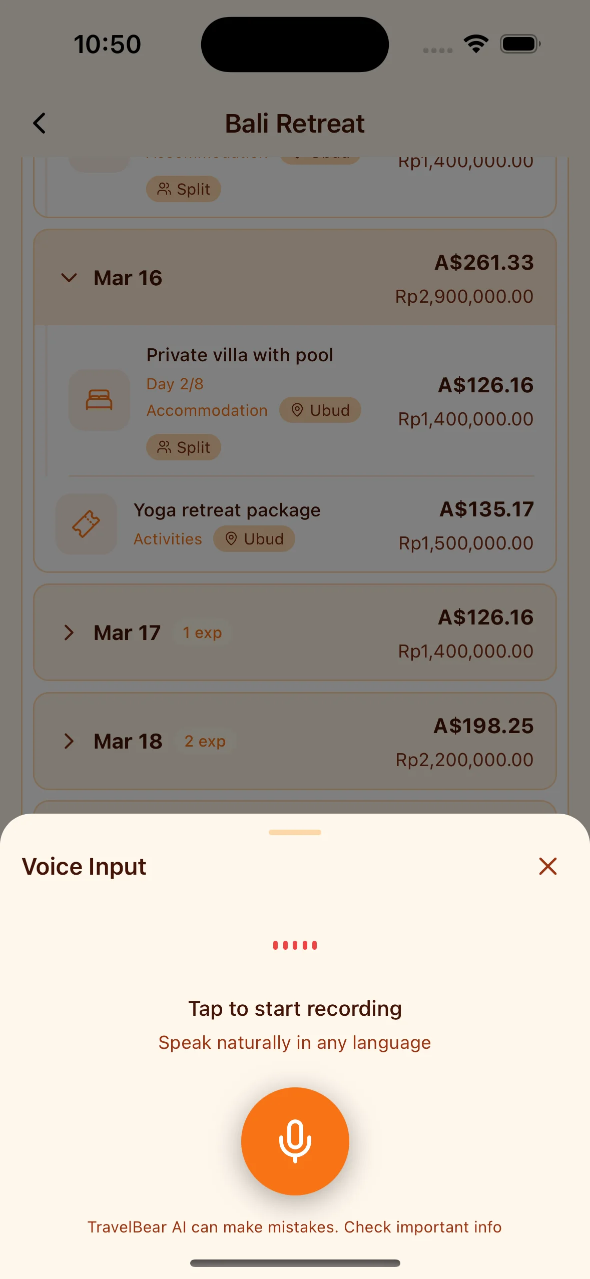AI voice expense logging - speak naturally to add travel expenses in any language
