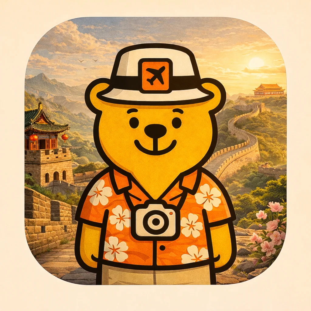 TravelBear mascot exploring the Great Wall of China