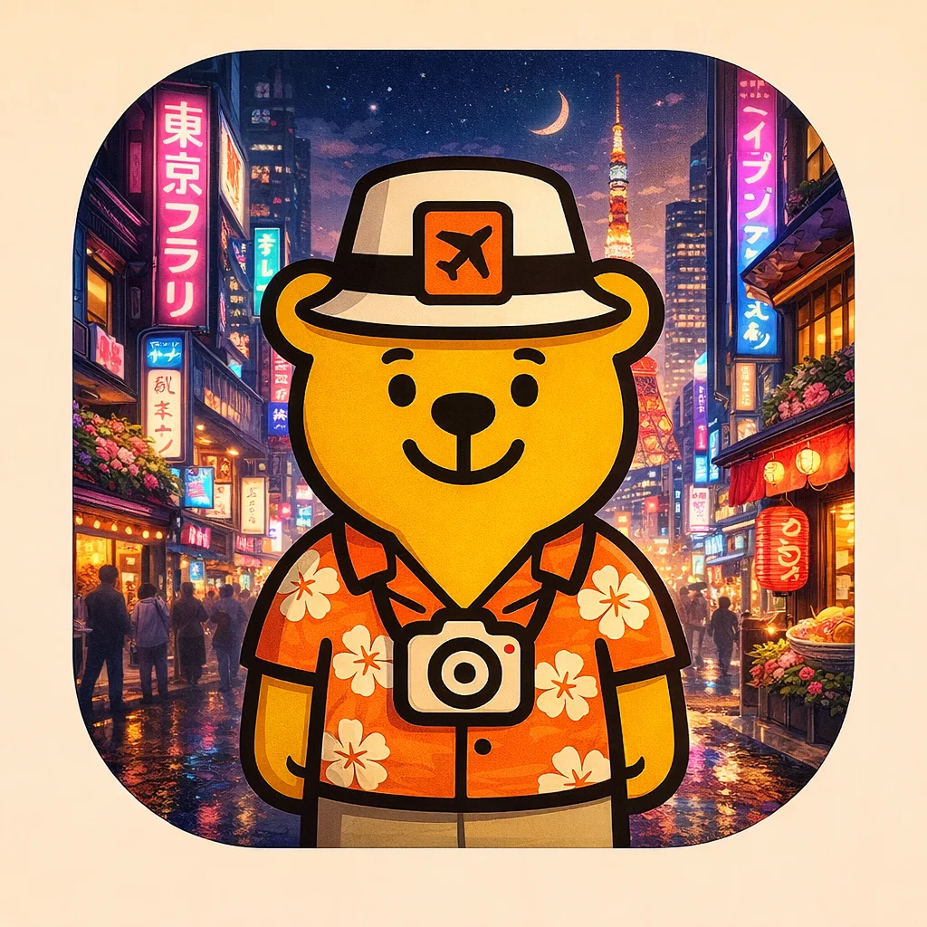 TravelBear mascot visiting Tokyo Japan temples