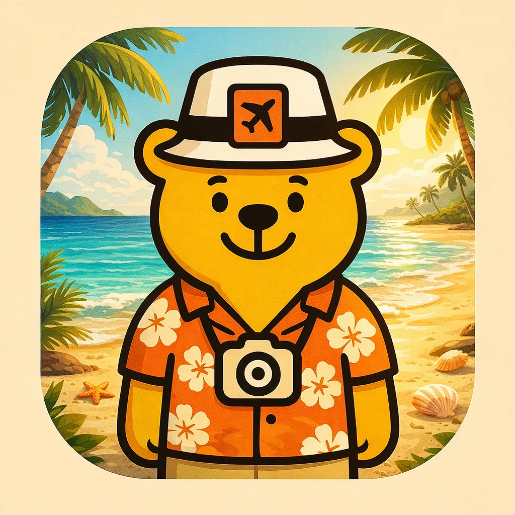 TravelBear mascot at tropical beach destination