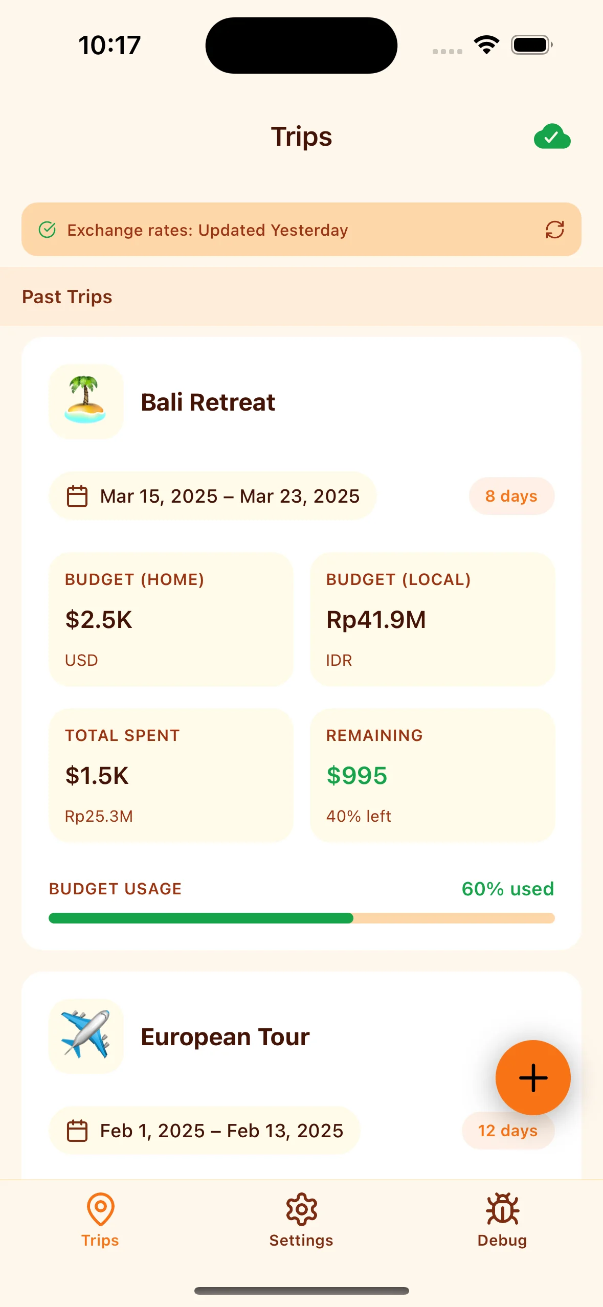 TravelBear travel expense tracker app - trip list with budget summary and timeline